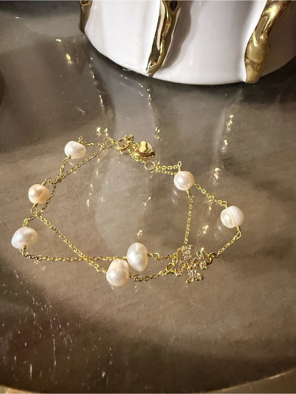 Tory Burch Gold Double Chain Bracelet with White Pearls and Pave Logo Charm - Picture 4 of 6